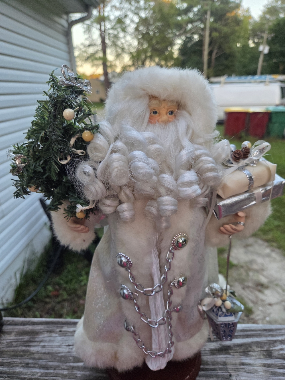 Vintage Standing Santa Figurine 16.5" Silver Jacquard Fur-Trimmed Coat Christmas